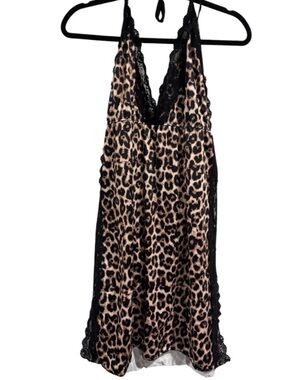 Leopard Print Lace Trim Halter Chemise Nightdress Black & Tan high side slits